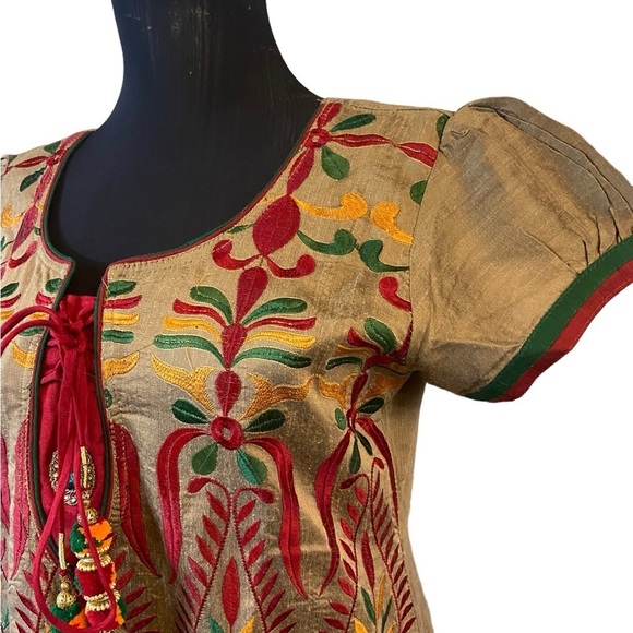 Beautiful Embroidered Tan Kurta With Red, Yellow and Green Embroidery - Picture 4 of 16
